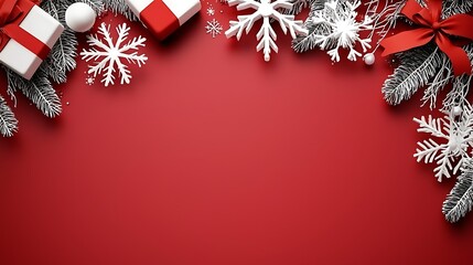 Festive Red Background with Snowflakes and Gifts