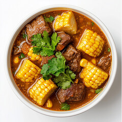 Top View of Hearty Sancocho with Beef, Corn, and Vegetables