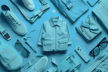 Fototapeta premium Variety of blue clothing and accessories displayed on a blue surface, great for fashion or lifestyle uses