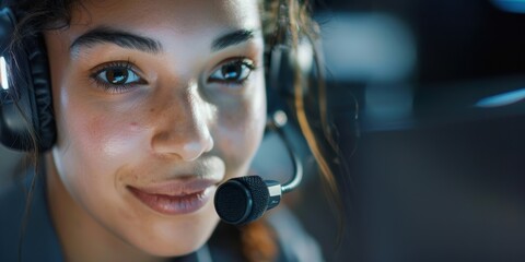 Portrait of a woman working at a computer in a call center, focused on customer service, telemarketing, and CRM support while maintaining a friendly demeanor