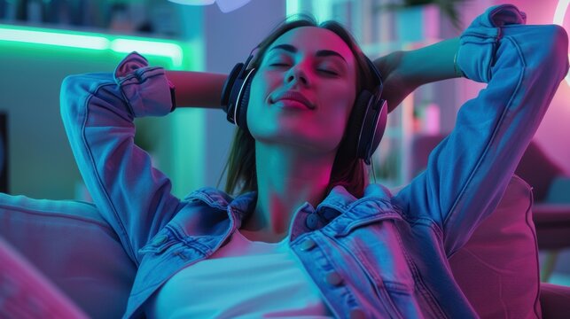 Female enjoying music or relaxing in a vibrant space after working on tech projects, feeling accomplished while listening to a podcast during nighttime coding