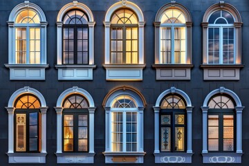Fototapeta premium Nighttime architecture shot of a building with multiple windows lit up, suitable for use in urban or cityscape illustrations