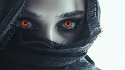 Close-up of a veiled woman with striking orange eyes gazing intensely, evoking mystery and intrigue