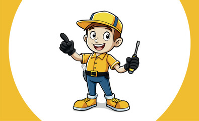 Smiling boy mascot with screwdriver and engineering tools logo style