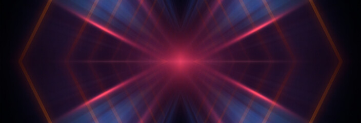Neon light in tunnels, rays and lines. Dark abstract neon background, empty stage.