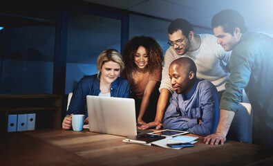 Night, reading and business people with meeting by laptop for server launch, testing or plan. IT...