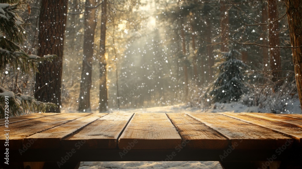 Aufkleber a wooden platform covered with fresh snow is bathed in warm sunlight filtering through tall trees. s
