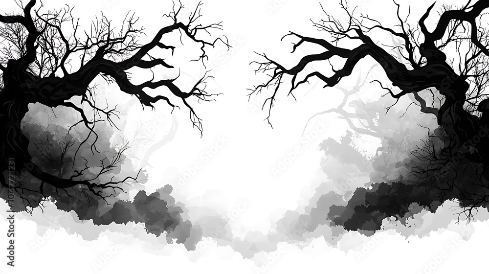 Poster foggy background with spider webs and twisted branches