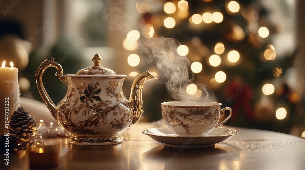 Aufkleber a porcelain teapot and a cup of tea are on a table in front of a blurred background of christmas lig