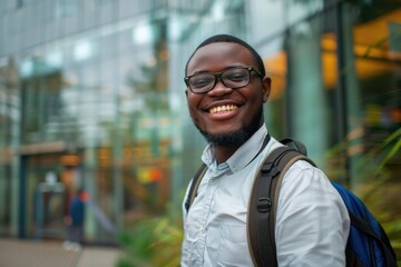 Fototapeta premium A person smiling while wearing glasses and carrying a backpack, suitable for use in a variety of situations such as education, travel, or casual photography