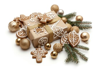 A festive display of Christmas cookies and decorations on a white background