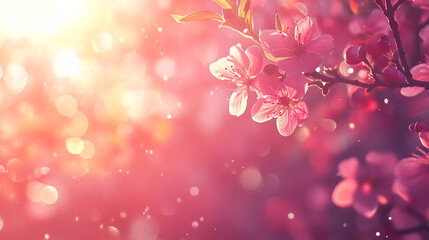 Fototapeta premium Delicate cherry blossoms bloom under warm sunlight in a serene spring garden landscape