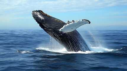 Fototapeta premium A humpback whale breaches the surface of the ocean, its massive body and fluke raised high in the air.