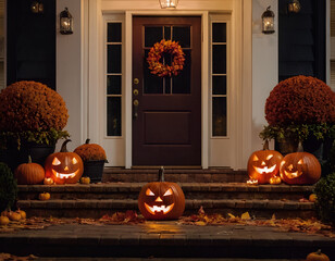 Obraz premium Halloween pumpkins on the front doorstep in the night