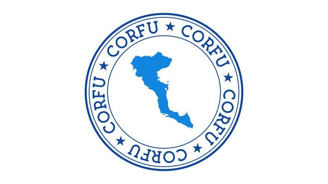 Corfu intro. Badge with the circular name and map of island. Corfu round logo animation.
