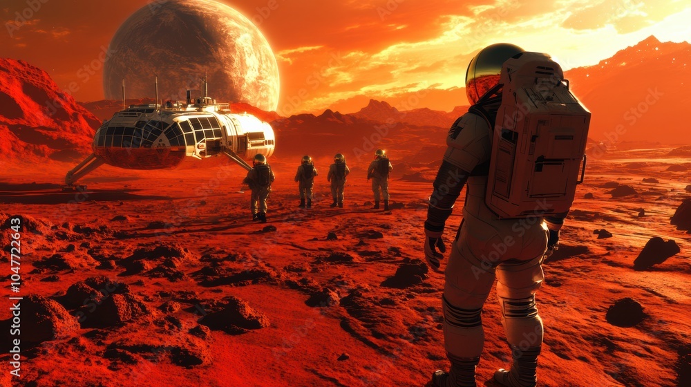 Poster astronauts walk across the red terrain of mars, silhouetted against a brilliant sunset and a distant