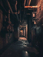 Fototapeta premium Cinematic Eerie Underground Scene with Industrial Pipes and Dim Lights Creating an Unsettling Atmosphere in a Large City