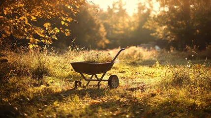 Gardening tools and a wheelbarrow in a sunlit meadow, reflecting autumn gardening themes.