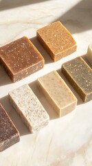 日光に当たる大理石の表面に置かれた手作りの天然石鹸