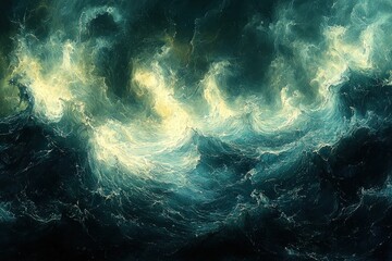 Obraz premium Abstract Painting of Turbulent Ocean Waves with Light Streaks