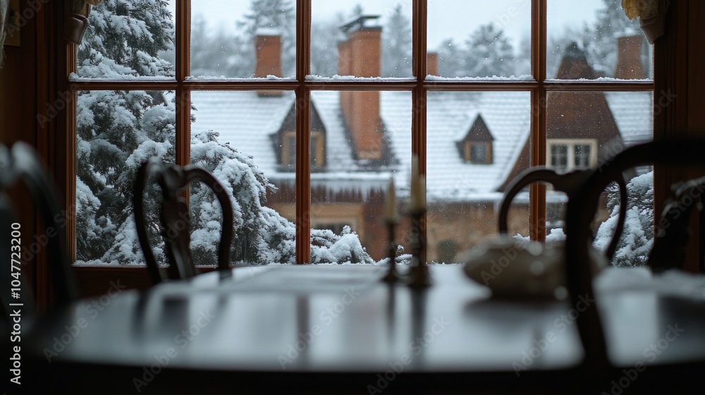 Aufkleber a view through a window of a snow-covered landscape. the window is framed by two wooden chairs. the 