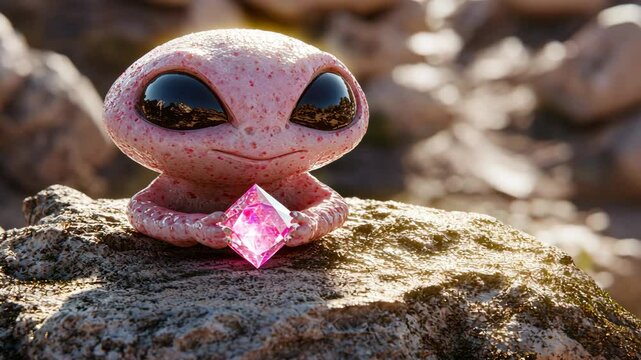 A pink alien creature with large eyes holds a pink gem on a rocky surface
