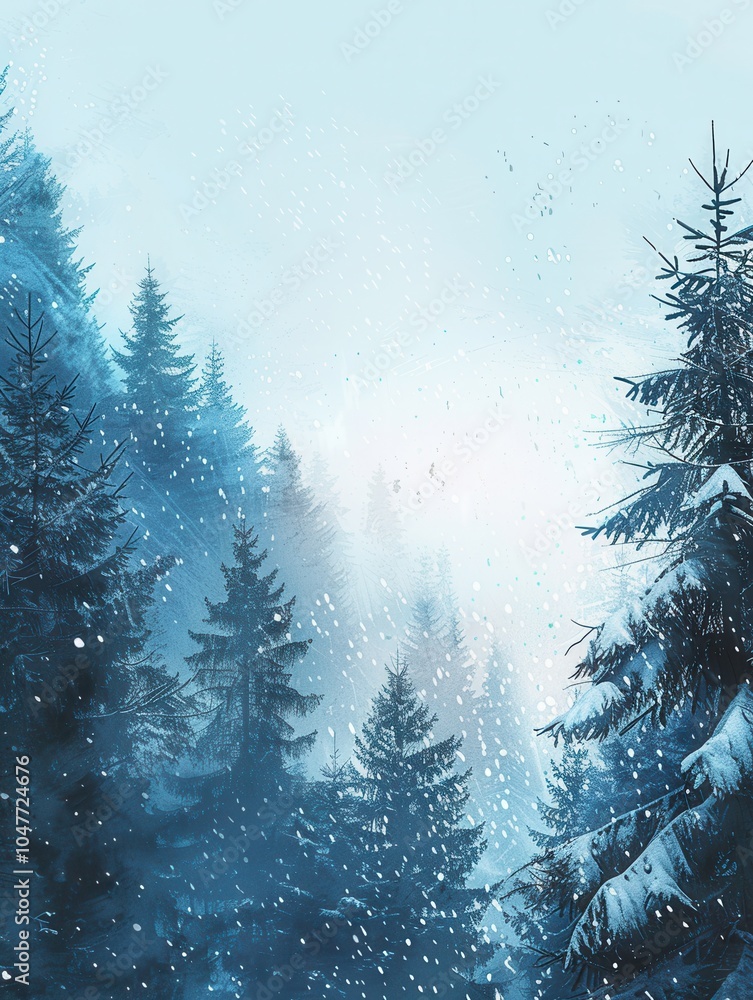 Leinwandbilder tall pine trees stand in a snow-covered forest as gentle flakes fall, creating a serene winter lands