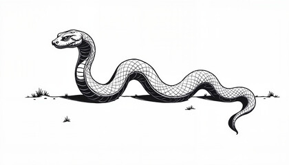 Obraz premium A detailed black and white illustration of a snake slithering on the ground surrounded by sparse grass, showcasing its unique features and elongated form
