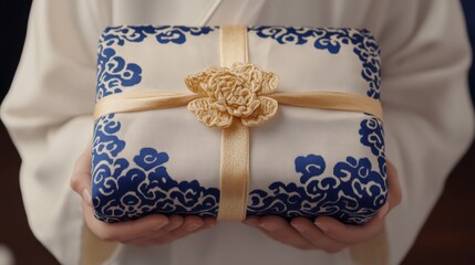 伝統的な布と繊細なリボンで包まれたエレガントなギフト