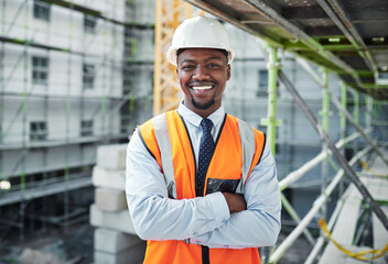 Happy, portrait and black man with confidence for construction site, architecture or civil...