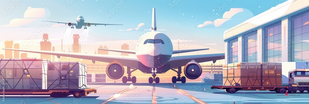Aufkleber a cargo airplane stands on the runway as loading equipment prepares for unloading in the early morni