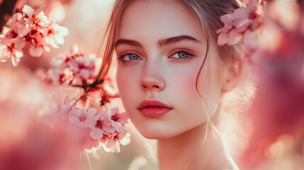 Fototapeta premium Young woman with captivating eyes among blooming cherry blossoms in spring sunlight
