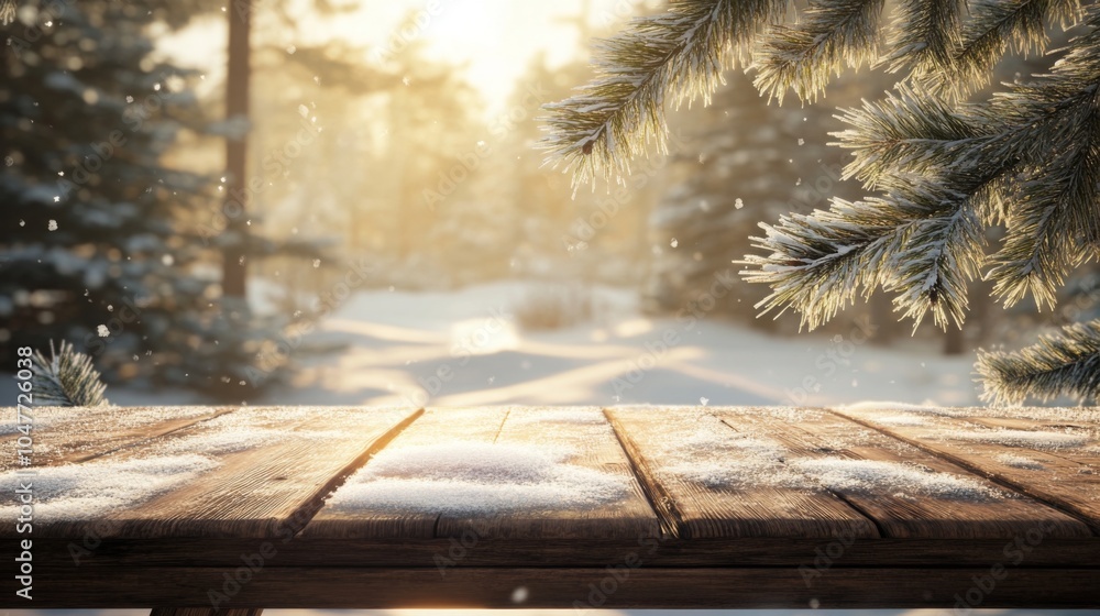 Aufkleber the wooden table sits surrounded by a peaceful winter forest, gently illuminated by soft sunlight. s