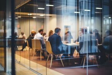 Fototapeta premium A group of people sitting at a table in a conference room - People