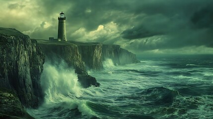 Fototapeta premium Lighthouse Stands Strong Amidst Crashing Waves and Stormy Skies