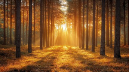 Fototapeta premium Sunlight streams through a dense pine forest, casting long shadows on the ground.