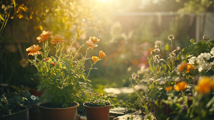 Sunlit garden filled with vibrant flowers in pots during a warm afternoon