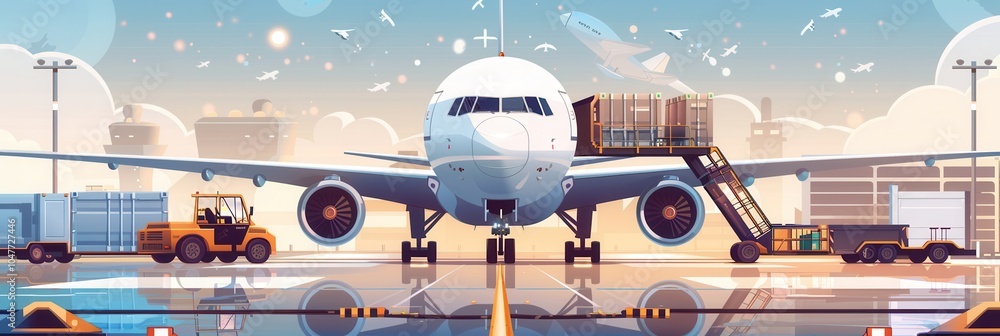 Aufkleber a cargo airplane stands on a runway at dawn, surrounded by loading equipment actively preparing for 