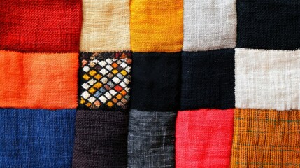 鮮やかな幾何学模様と質感を持つカラフルなパッチワーク織物