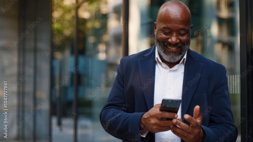 Poster experienced business professional using smartphone to send a text message