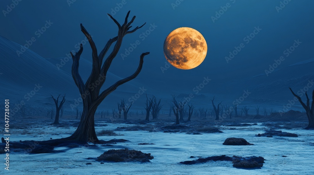 Poster a large moon is in the sky above a desolate landscape