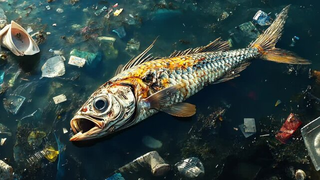 A dead fish lies on the bottom of a polluted body of water, surrounded by plastic debris