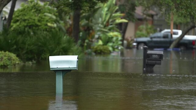 Flooded mailbox on rural street in Florida after heavy hurricane Debby rainfall.