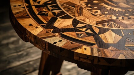 A beautifully crafted wooden table featuring marquetry designs inspired by cultural heritage and traditional motifs. 