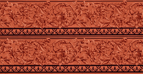  intricate floral design on terracotta surface with geometric border.