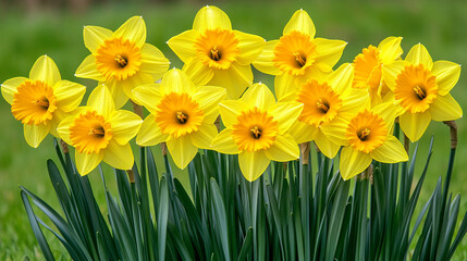 Obraz premium Bright yellow daffodils blooming in a lush green garden during springtime