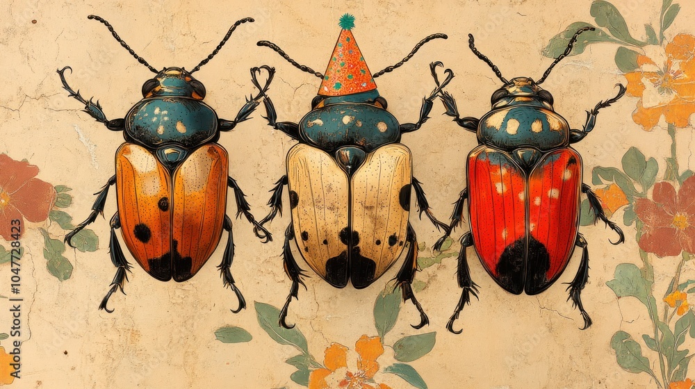 Wall mural three colorful beetles with one wearing a party hat.