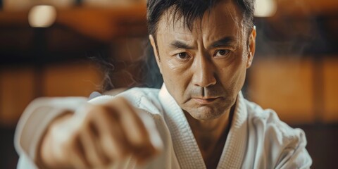 Obraz premium Mature man practicing Aikido with a sword, focusing on self-defense and combat techniques in a disciplined environment, enhancing skills with weapon training
