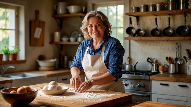 Smiling and happy woman cooking in the rustic kitchen