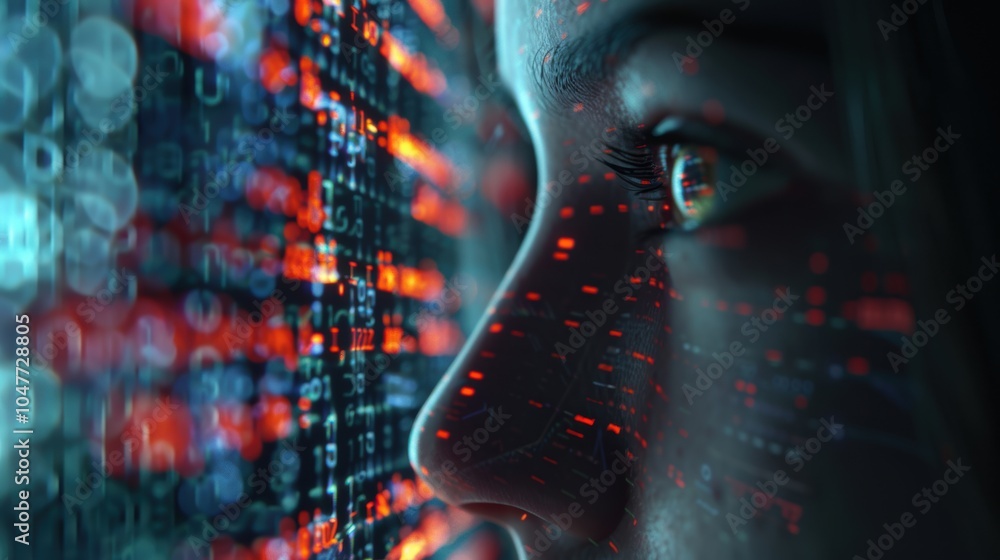 Poster female hacker working on cybersecurity issues related to phishing, ransomware, and cyber terrorism w